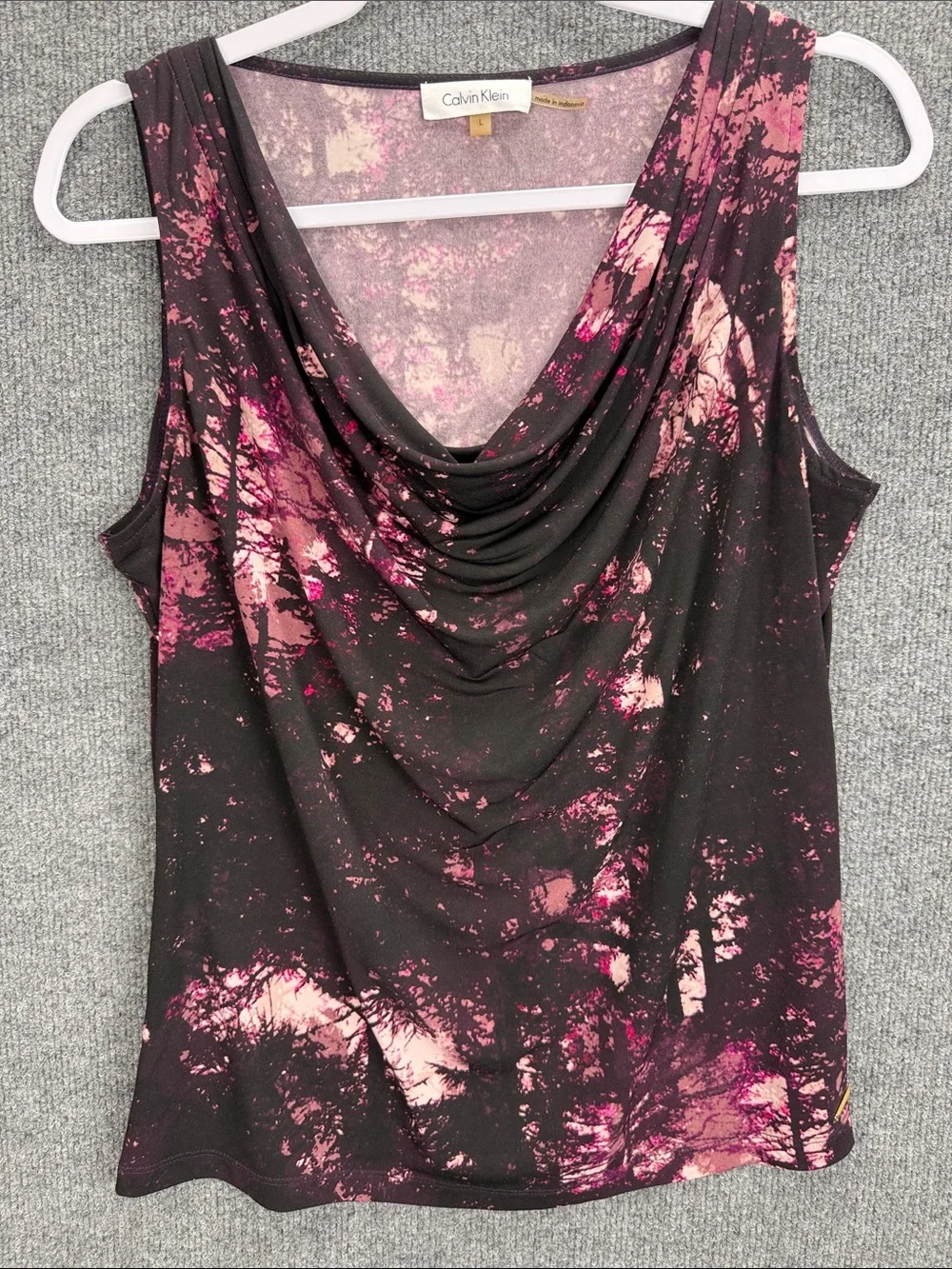 Calvin Klein Black Sleeveless Top with Pink Splash Print Draped Cowl Neck Large